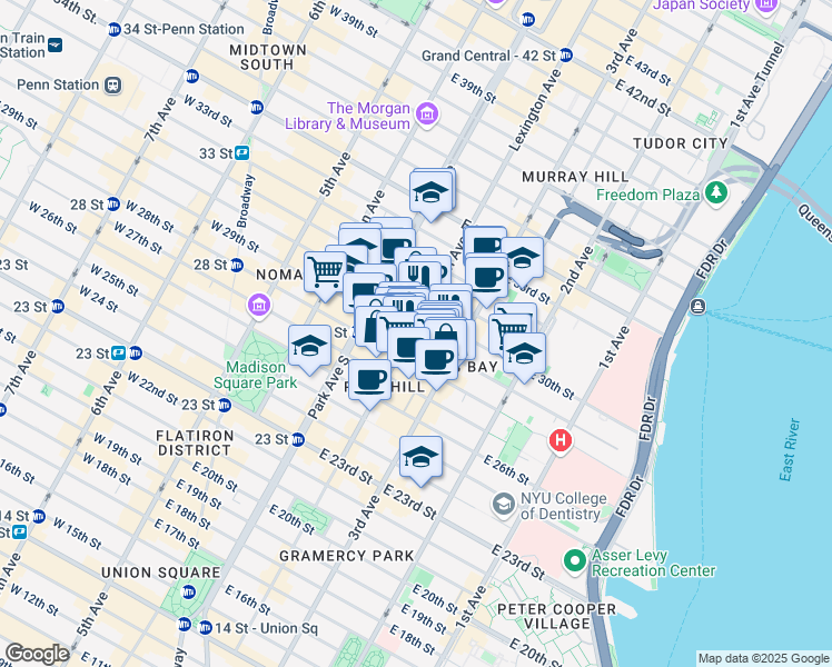 map of restaurants, bars, coffee shops, grocery stores, and more near 133 East 29th Street in New York