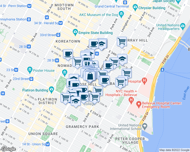 map of restaurants, bars, coffee shops, grocery stores, and more near in New York