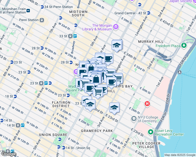 map of restaurants, bars, coffee shops, grocery stores, and more near 401 Park Avenue South in New York