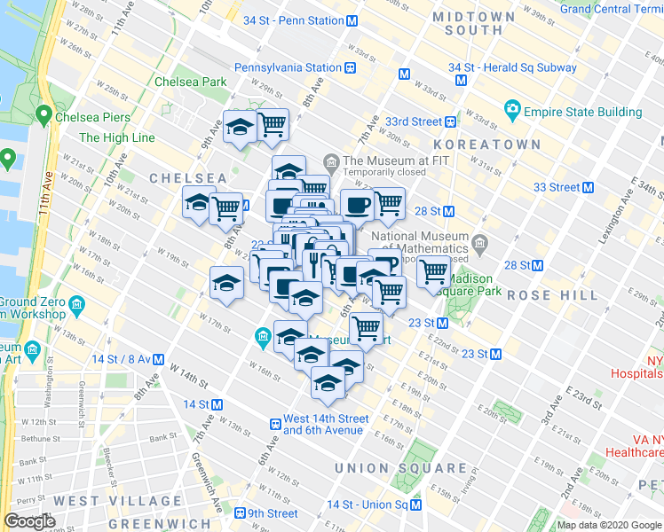 map of restaurants, bars, coffee shops, grocery stores, and more near 147 West 22nd Street in New York