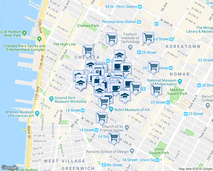 map of restaurants, bars, coffee shops, grocery stores, and more near 223 West 20th Street in New York