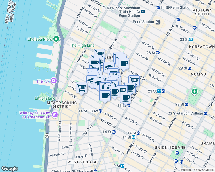 map of restaurants, bars, coffee shops, grocery stores, and more near in New York