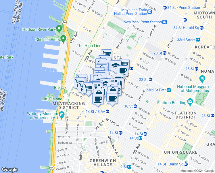 map of restaurants, bars, coffee shops, grocery stores, and more near 351 West 18th Street in New York