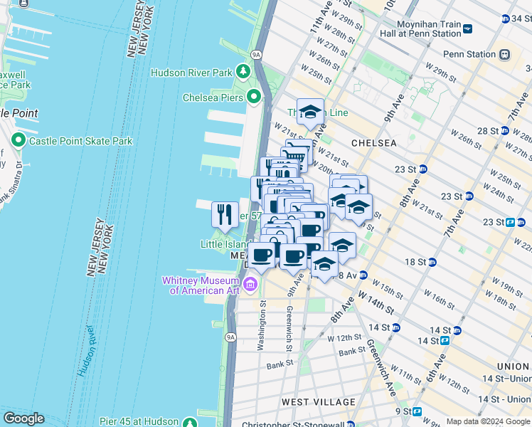 map of restaurants, bars, coffee shops, grocery stores, and more near in New York