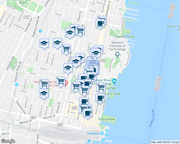 map of restaurants, bars, coffee shops, grocery stores, and more near 522 Washington Street in Hoboken