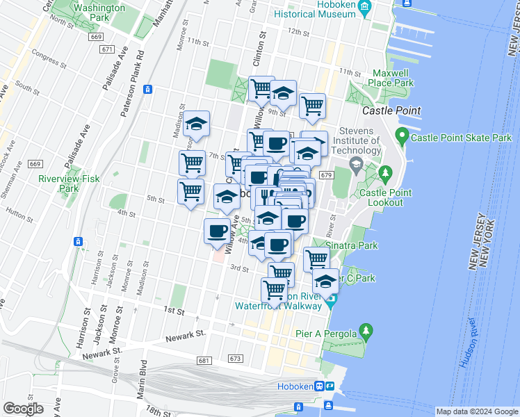map of restaurants, bars, coffee shops, grocery stores, and more near 515 Garden Street in Hoboken