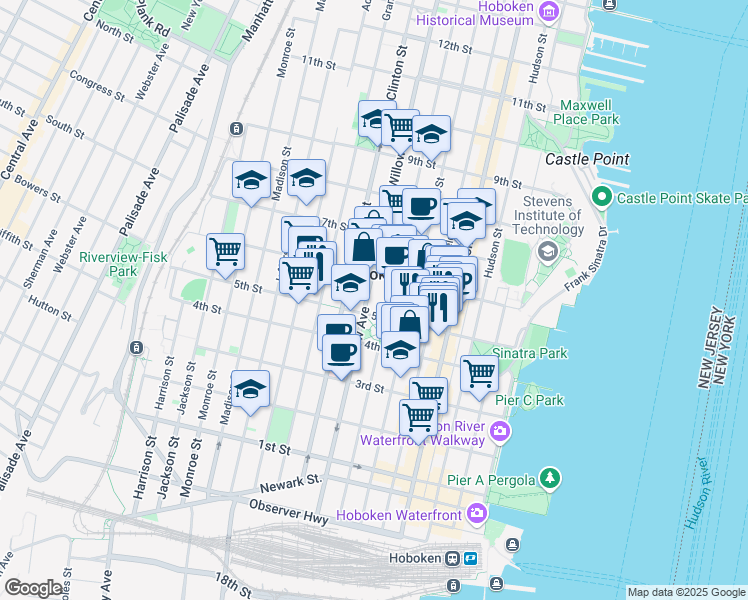 map of restaurants, bars, coffee shops, grocery stores, and more near 250 5th Street in Hoboken