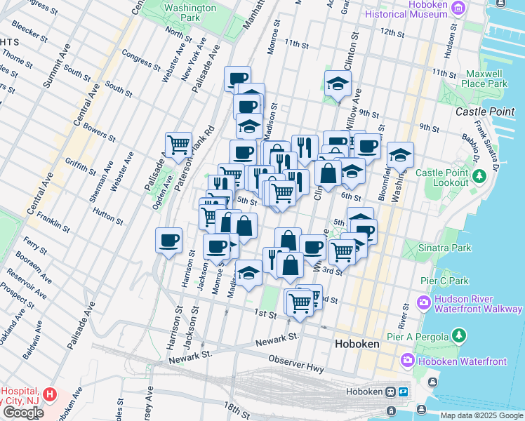 map of restaurants, bars, coffee shops, grocery stores, and more near 410 Jefferson Street in Hoboken