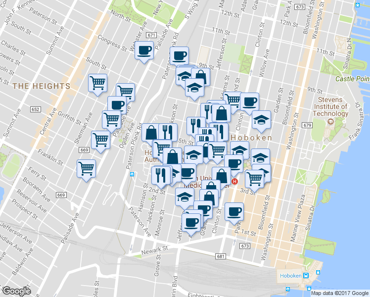 map of restaurants, bars, coffee shops, grocery stores, and more near in Hoboken
