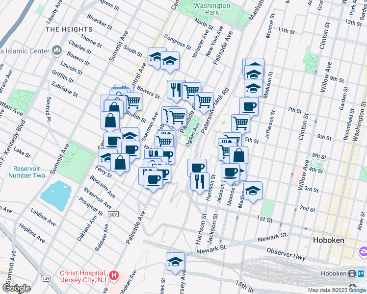 map of restaurants, bars, coffee shops, grocery stores, and more near 426 Palisade Avenue in Jersey City