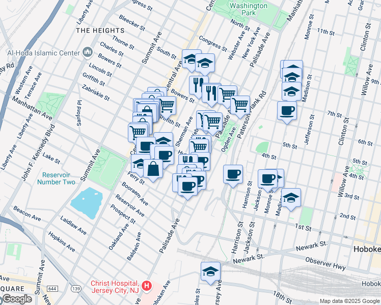 map of restaurants, bars, coffee shops, grocery stores, and more near 198 New York Avenue in Jersey City