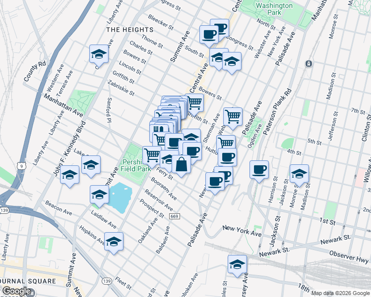 map of restaurants, bars, coffee shops, grocery stores, and more near 13 Hancock Avenue in Jersey City