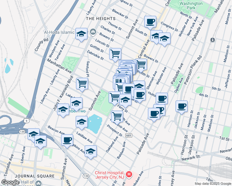 map of restaurants, bars, coffee shops, grocery stores, and more near 74 Manhattan Avenue in Jersey City