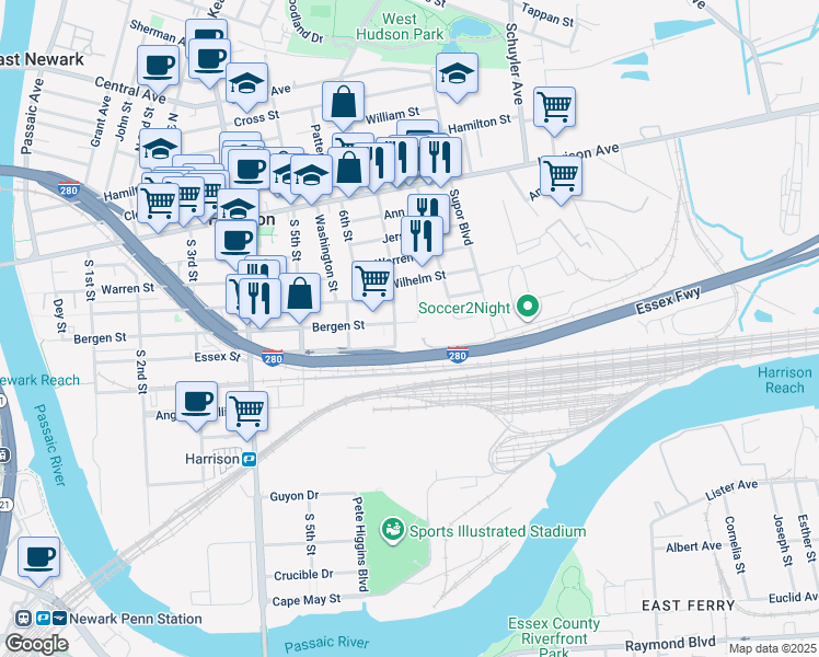 map of restaurants, bars, coffee shops, grocery stores, and more near 713 Bergen Street in Harrison