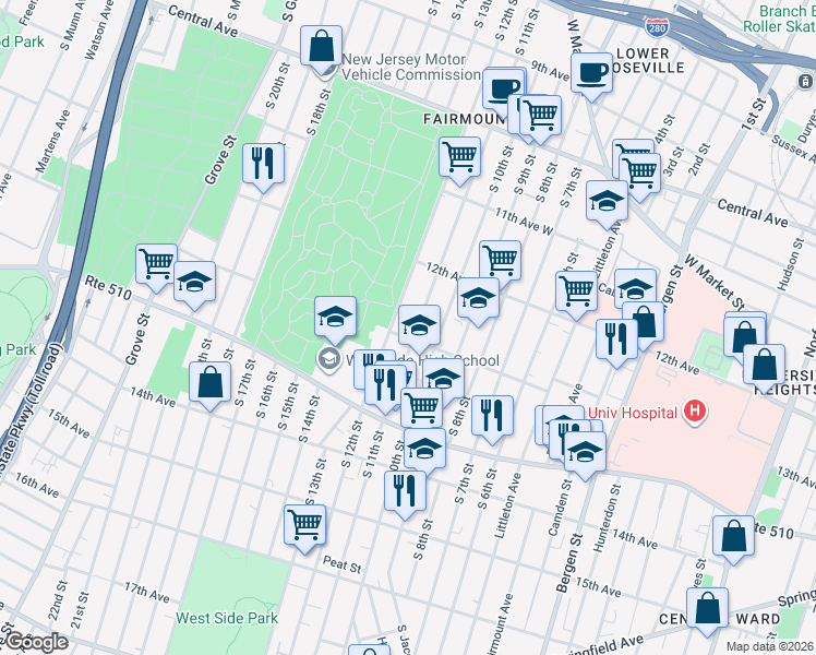 map of restaurants, bars, coffee shops, grocery stores, and more near 327 South 11th Street in Newark