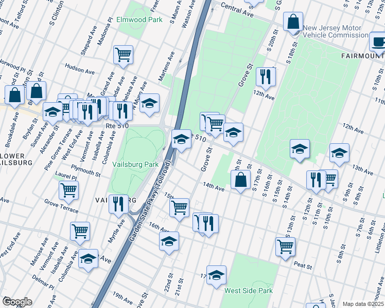 map of restaurants, bars, coffee shops, grocery stores, and more near 40 Gladstone Avenue in Newark