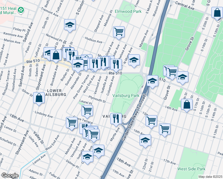 map of restaurants, bars, coffee shops, grocery stores, and more near 59 South Munn Avenue in Newark