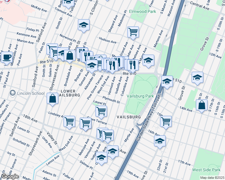 map of restaurants, bars, coffee shops, grocery stores, and more near 62 Vermont Avenue in Newark