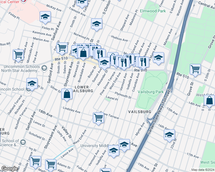 map of restaurants, bars, coffee shops, grocery stores, and more near 66 West End Avenue in Newark