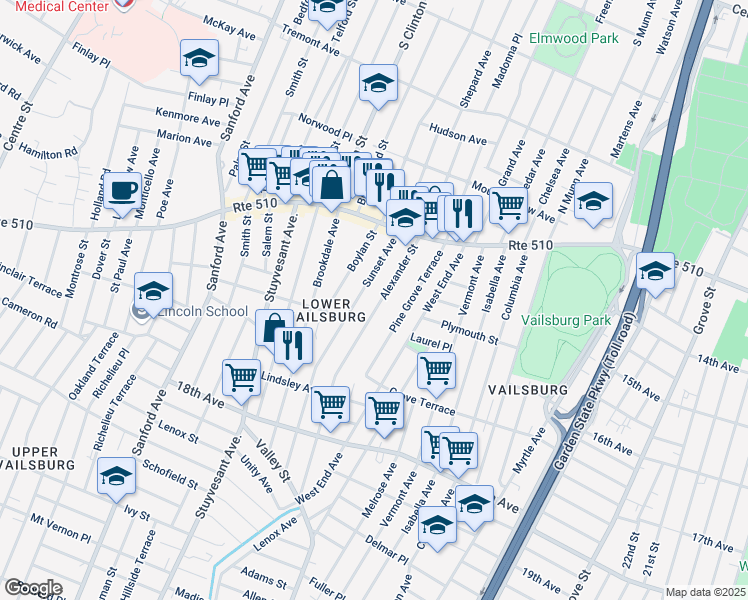 map of restaurants, bars, coffee shops, grocery stores, and more near 80 Sunset Avenue in Newark