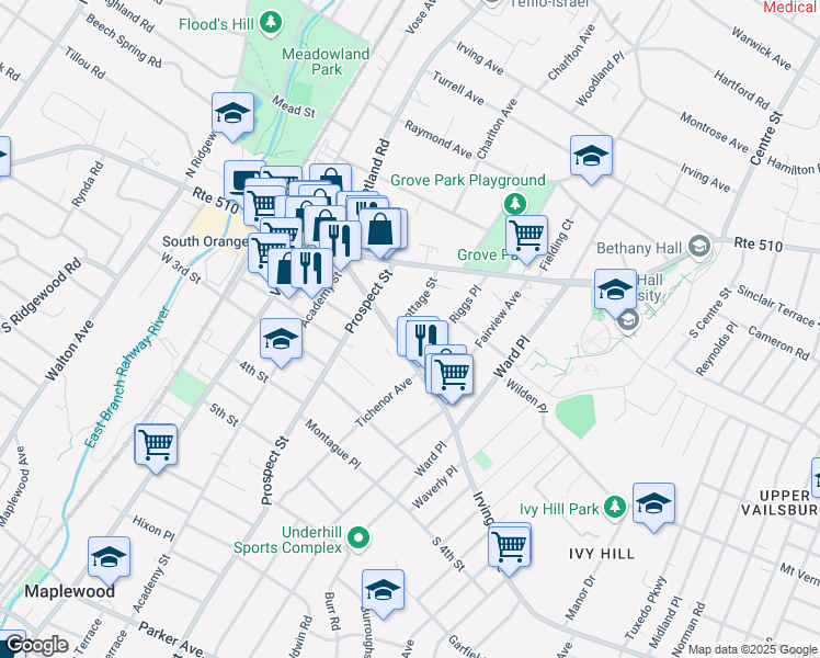 map of restaurants, bars, coffee shops, grocery stores, and more near 215 Irvington Avenue in South Orange