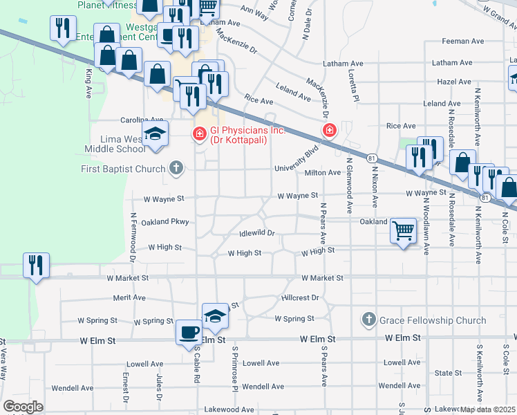 map of restaurants, bars, coffee shops, grocery stores, and more near 1980 Oakland Parkway in Lima