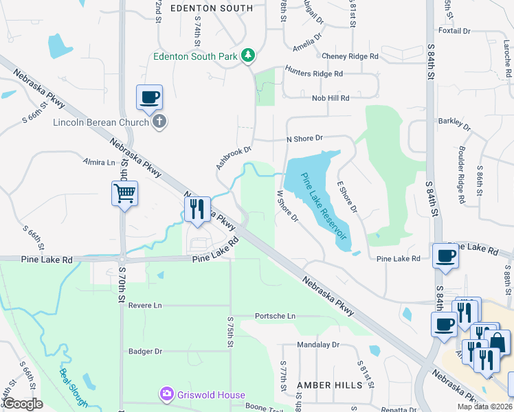 map of restaurants, bars, coffee shops, grocery stores, and more near 6810 Ashbrook Drive in Lincoln