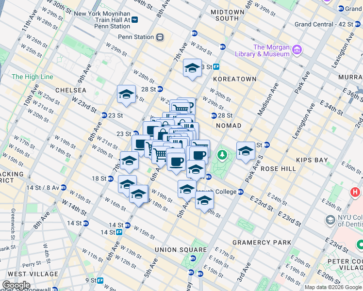 map of restaurants, bars, coffee shops, grocery stores, and more near 71 West 23 Street in New York