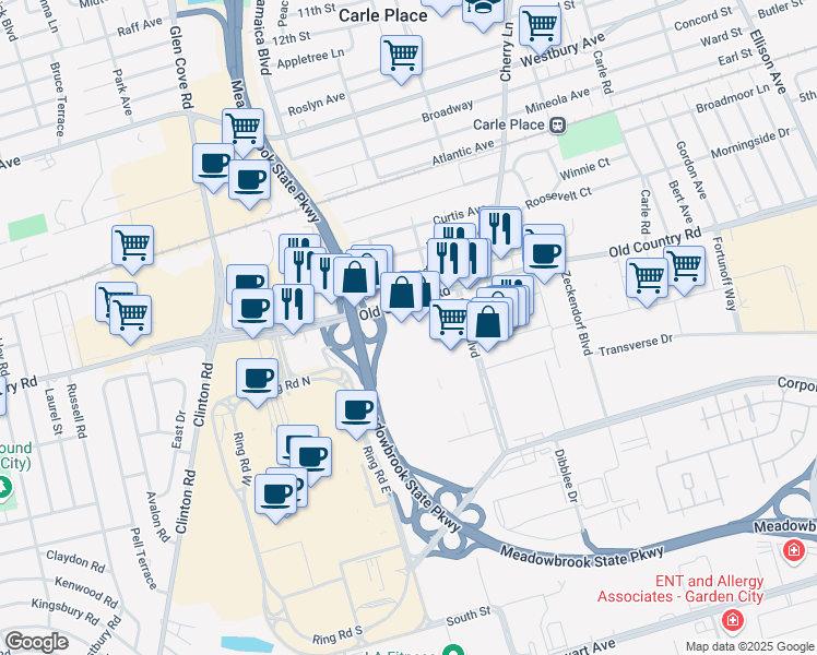 map of restaurants, bars, coffee shops, grocery stores, and more near 895 E Gate Blvd in Garden City