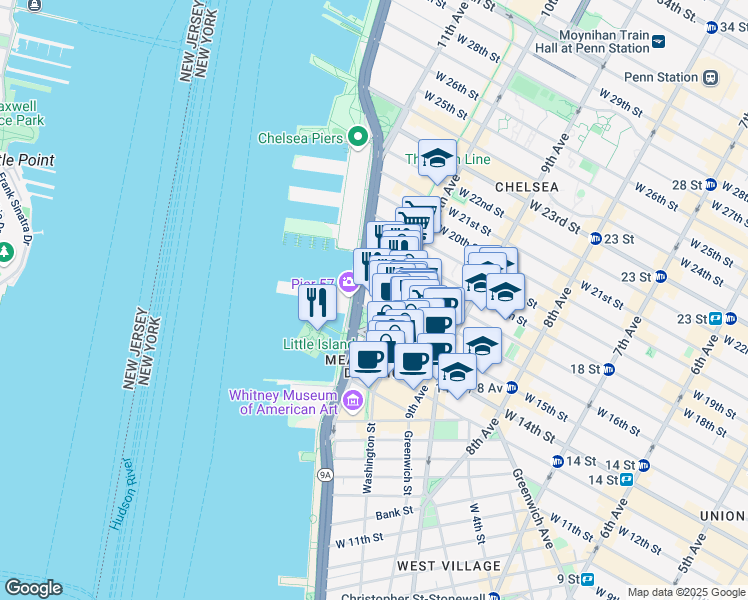 map of restaurants, bars, coffee shops, grocery stores, and more near 85 10th Avenue in New York