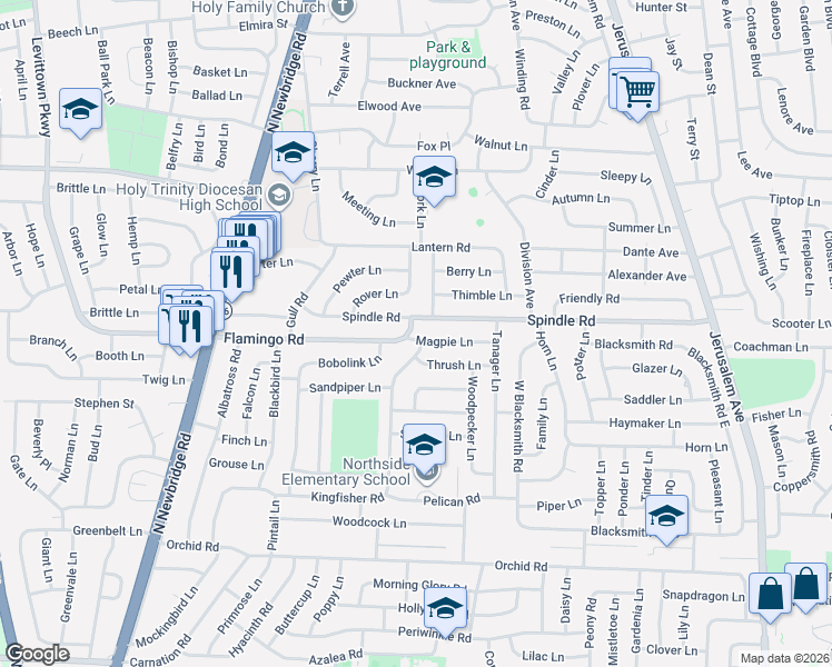 map of restaurants, bars, coffee shops, grocery stores, and more near 1 Kingfisher Road in Levittown