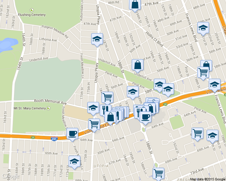 map of restaurants, bars, coffee shops, grocery stores, and more near 56-08 186th Street in Queens