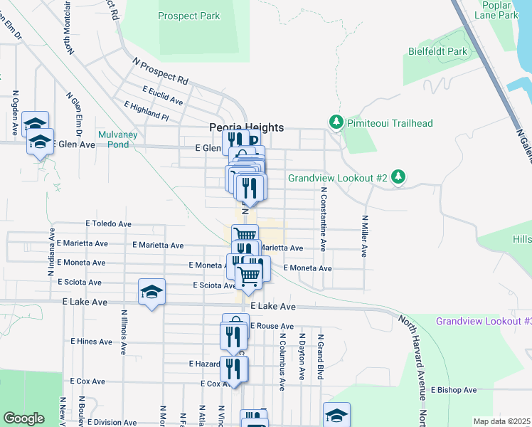 map of restaurants, bars, coffee shops, grocery stores, and more near 1327 East Kelly Avenue in Peoria Heights