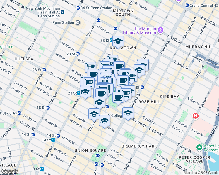 map of restaurants, bars, coffee shops, grocery stores, and more near in New York