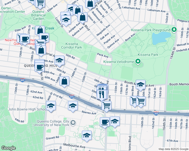 map of restaurants, bars, coffee shops, grocery stores, and more near 150-51 58th Avenue in Queens