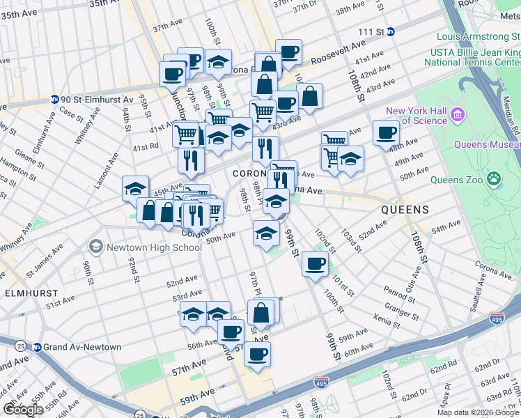 map of restaurants, bars, coffee shops, grocery stores, and more near 97-38 Alstyne Avenue in Queens