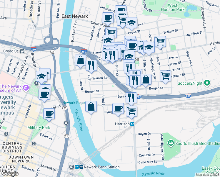 map of restaurants, bars, coffee shops, grocery stores, and more near 201 Bergen Street in Harrison