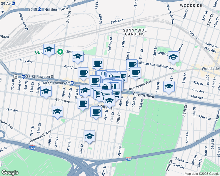 map of restaurants, bars, coffee shops, grocery stores, and more near Queens Blvd & 46th St in Queens