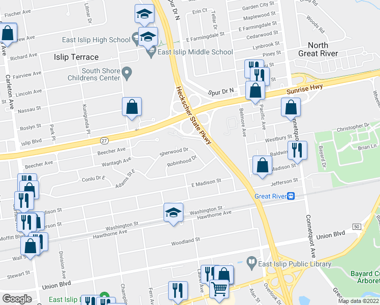 map of restaurants, bars, coffee shops, grocery stores, and more near 43 Sherwood Drive in East Islip