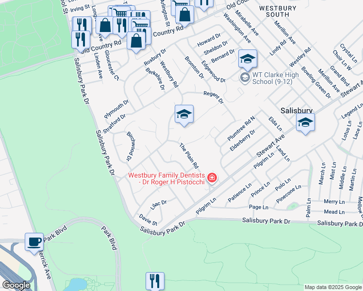 map of restaurants, bars, coffee shops, grocery stores, and more near 718 The Plain Road in Westbury