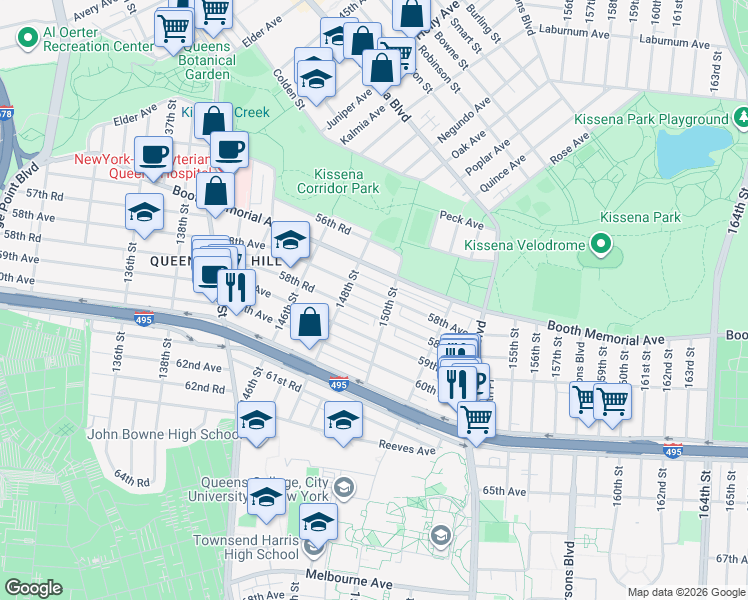 map of restaurants, bars, coffee shops, grocery stores, and more near 148-2 58th Road in Queens