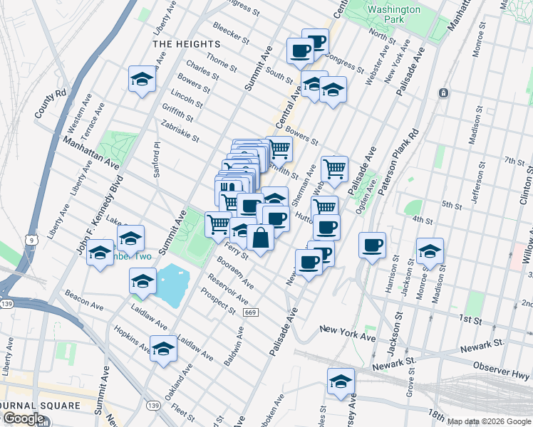 map of restaurants, bars, coffee shops, grocery stores, and more near 13 Hancock Avenue in Jersey City