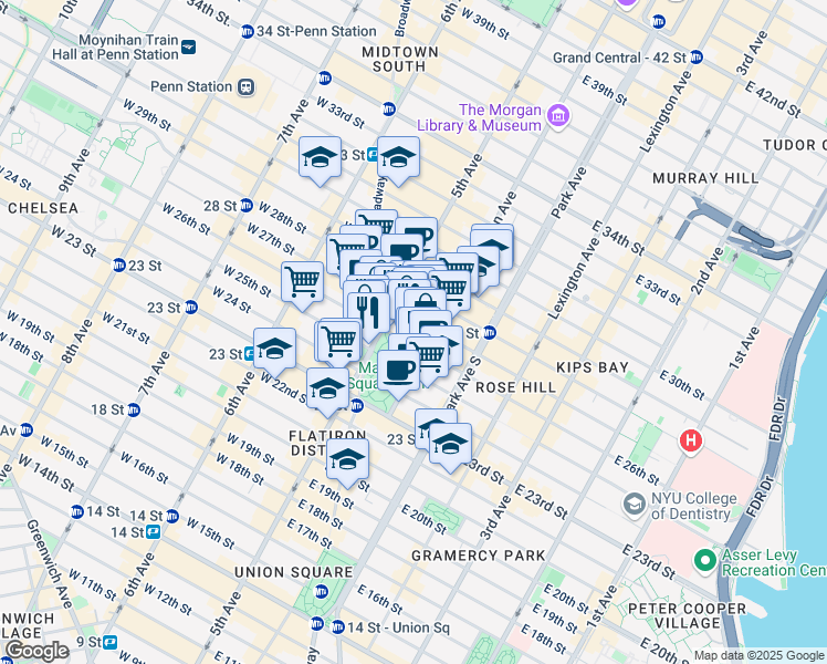 map of restaurants, bars, coffee shops, grocery stores, and more near 12 East 26th Street in New York