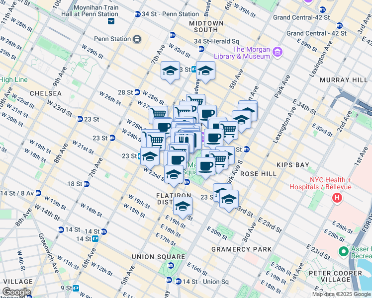 map of restaurants, bars, coffee shops, grocery stores, and more near 1123 Broadway in New York