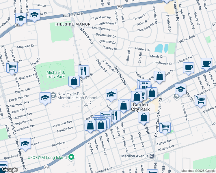 map of restaurants, bars, coffee shops, grocery stores, and more near 73 5th Street in New Hyde Park