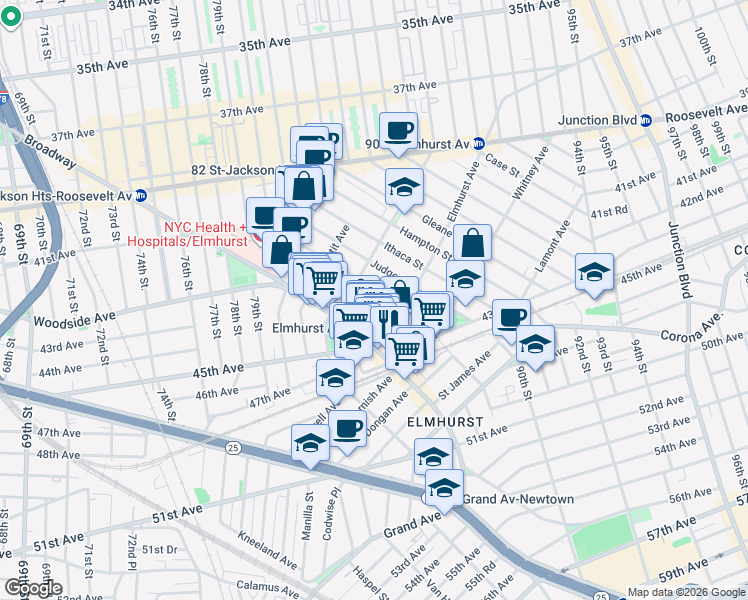 map of restaurants, bars, coffee shops, grocery stores, and more near in Queens
