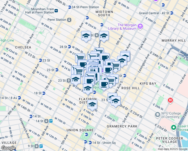 map of restaurants, bars, coffee shops, grocery stores, and more near 1123 Broadway in New York