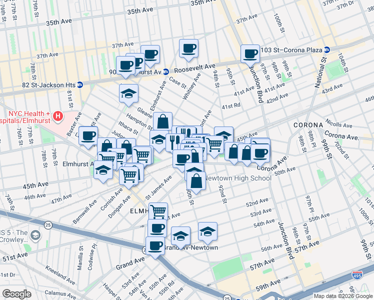 map of restaurants, bars, coffee shops, grocery stores, and more near 91-15 Lamont Avenue in Queens
