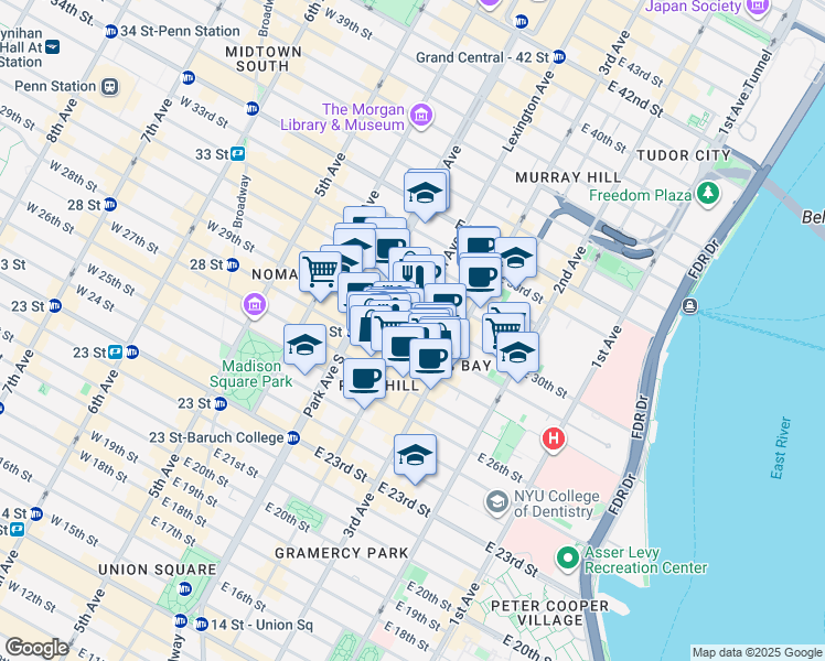 map of restaurants, bars, coffee shops, grocery stores, and more near 133 East 29th Street in New York