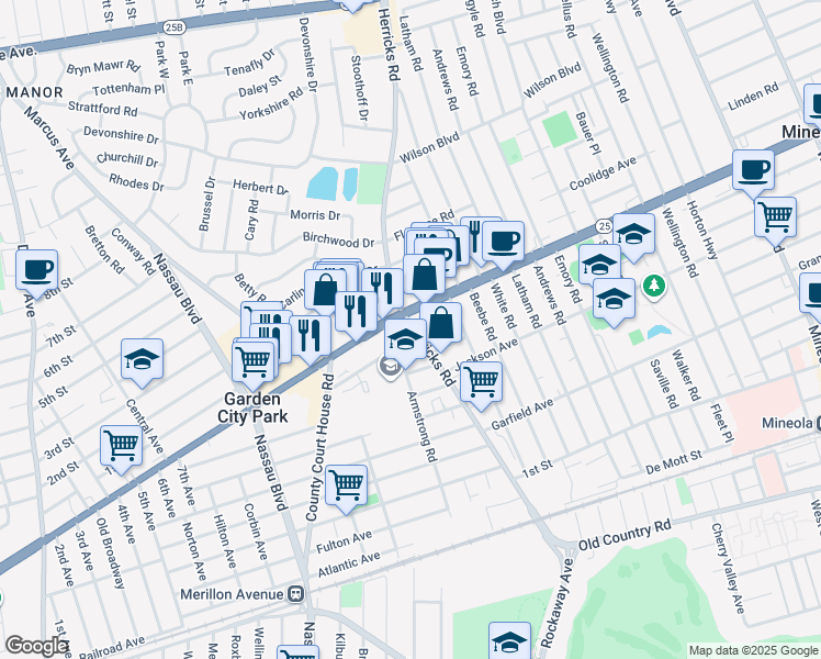 map of restaurants, bars, coffee shops, grocery stores, and more near 205 Herricks Road in New Hyde Park